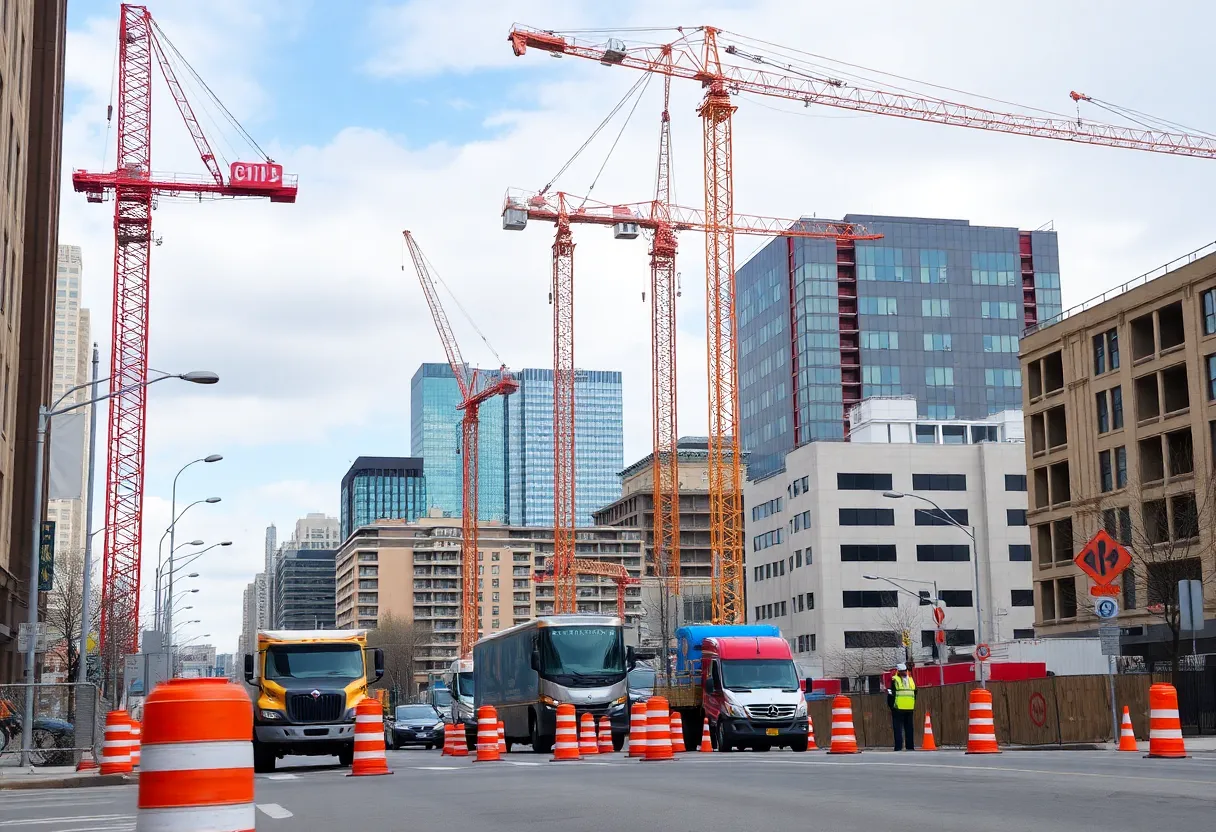 Construction site in Ann Arbor with cranes and workers