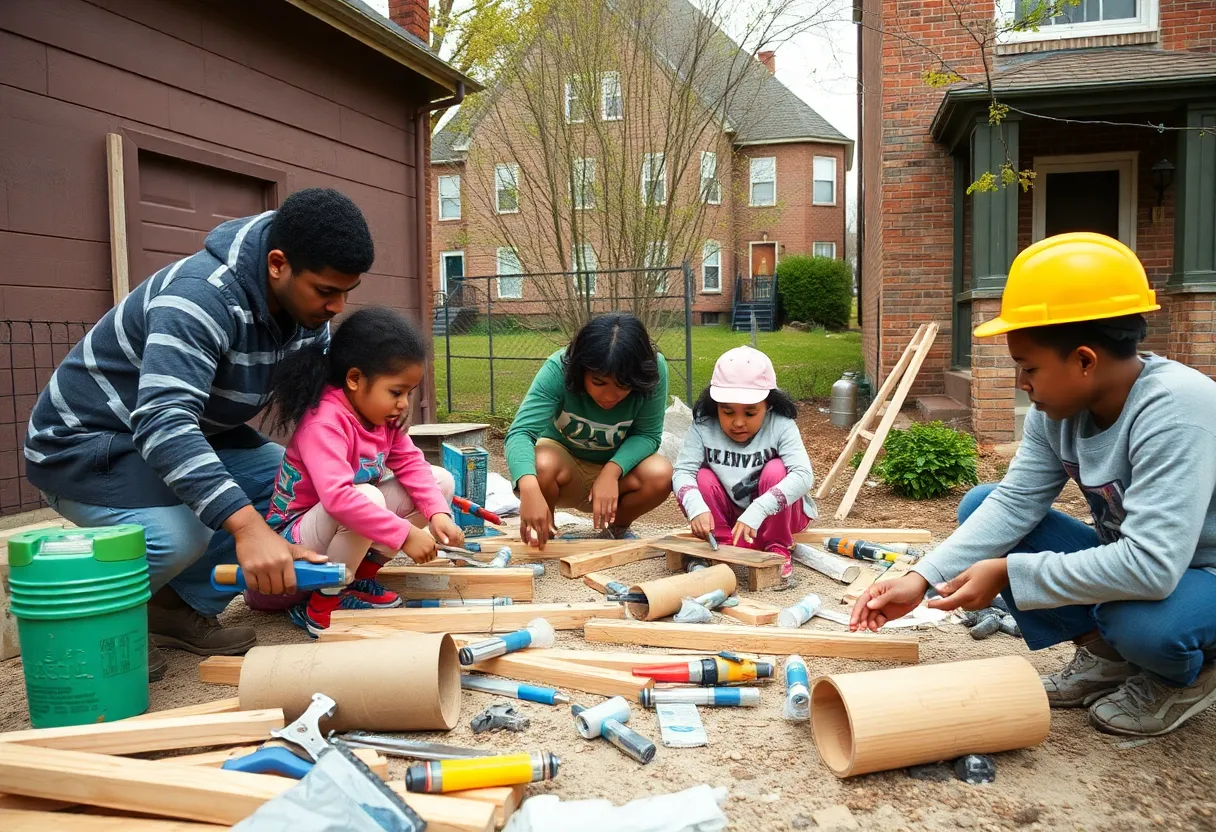 Families working on home repairs in Detroit with tools and supplies.