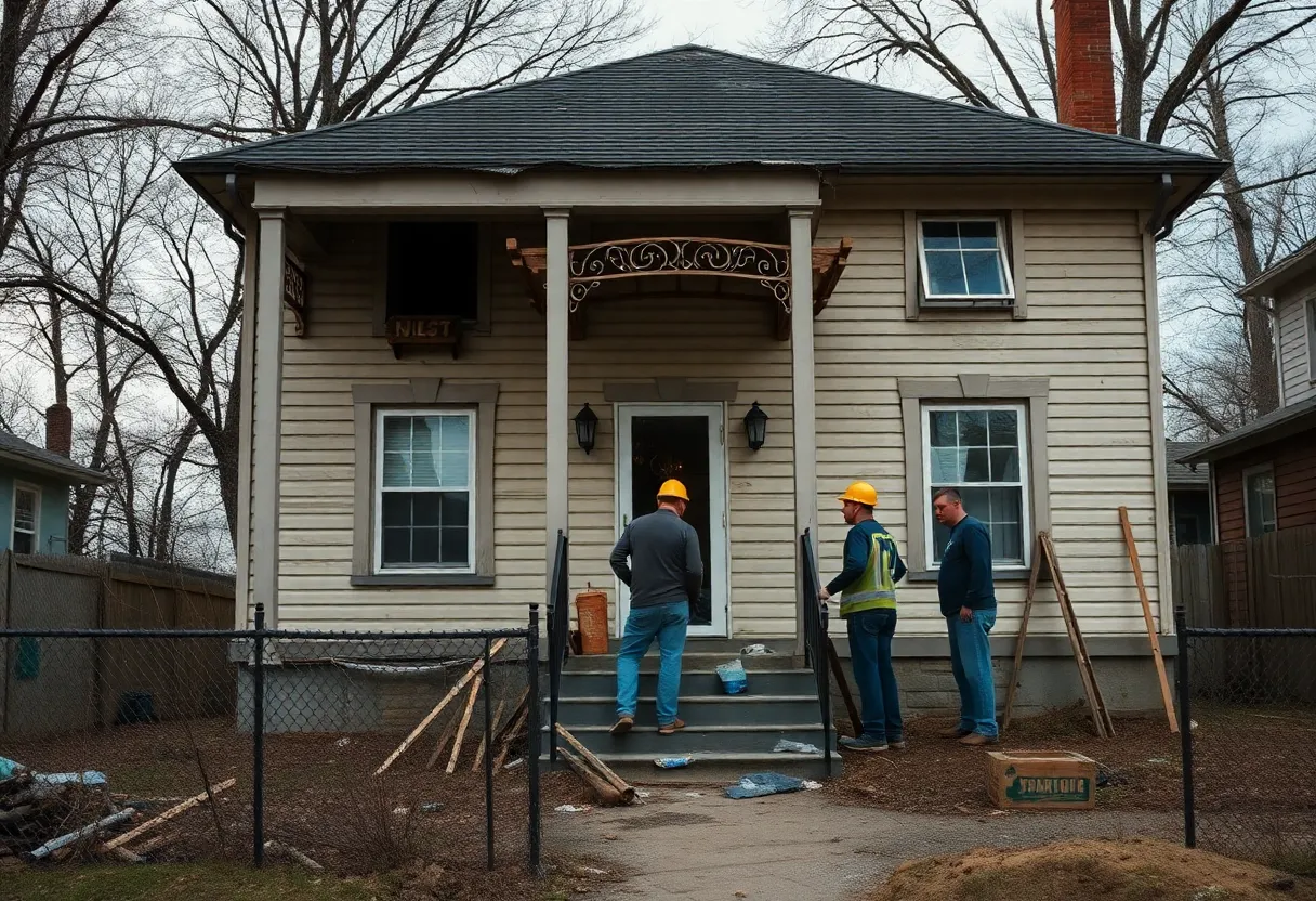 Construction crew at an abandoned home in Detroit