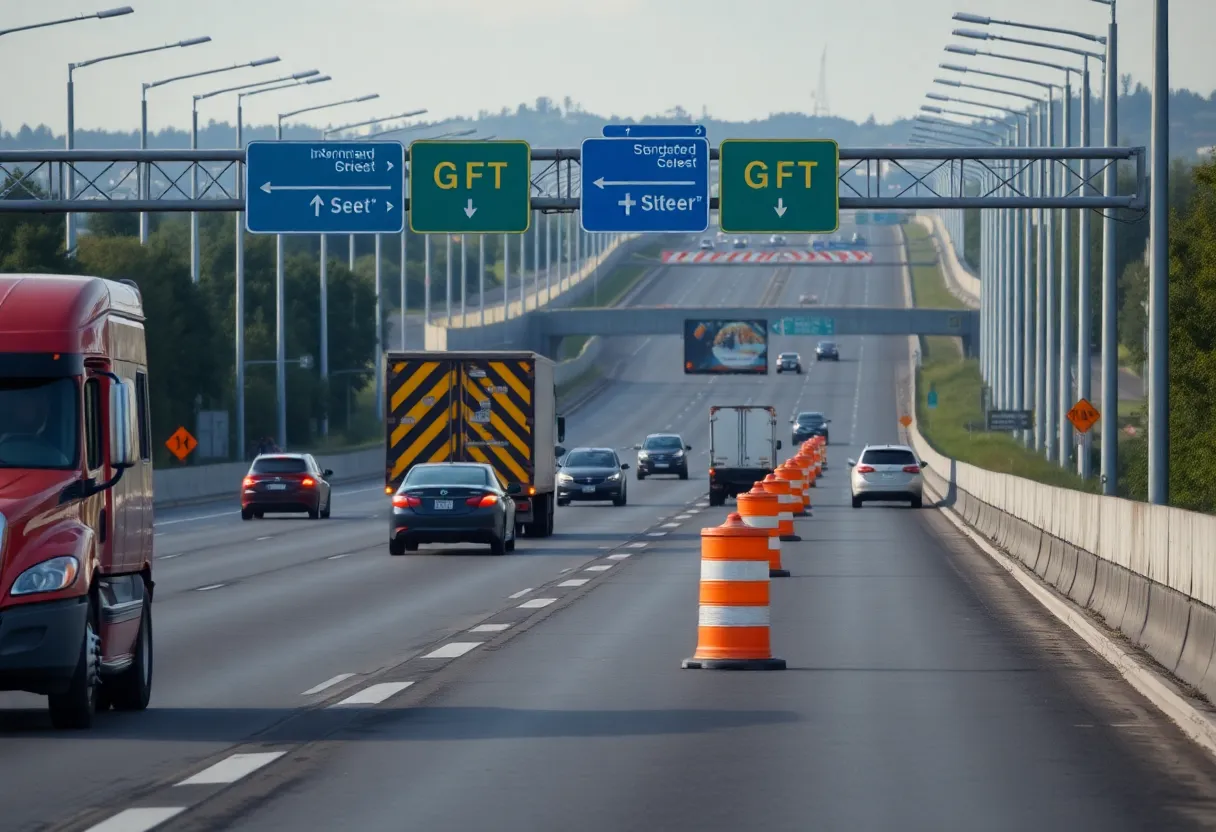 Construction area of Eastbound I-696 with machinery and traffic barriers