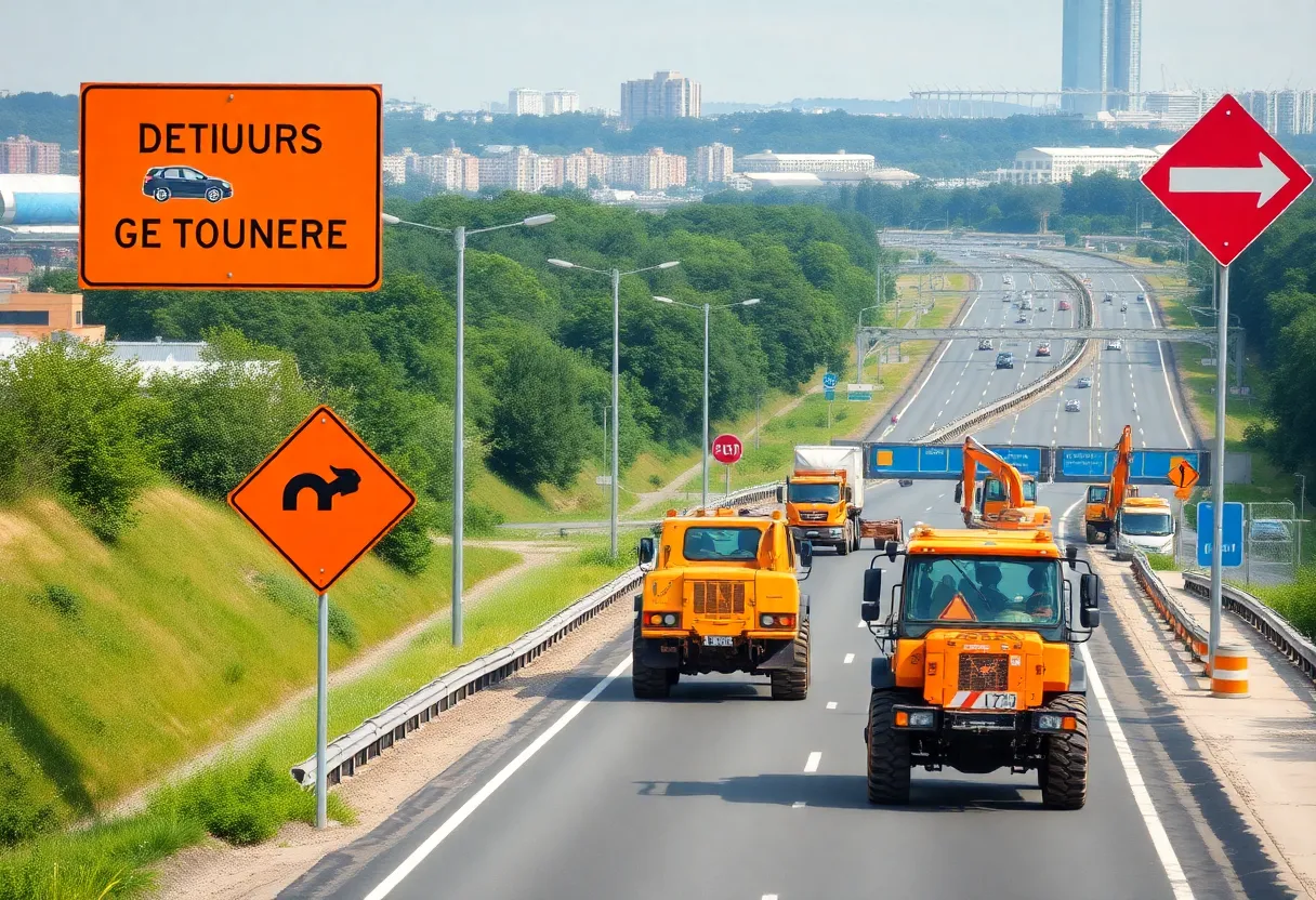 Construction site on Eastbound I-696 showing machinery and detour signs.