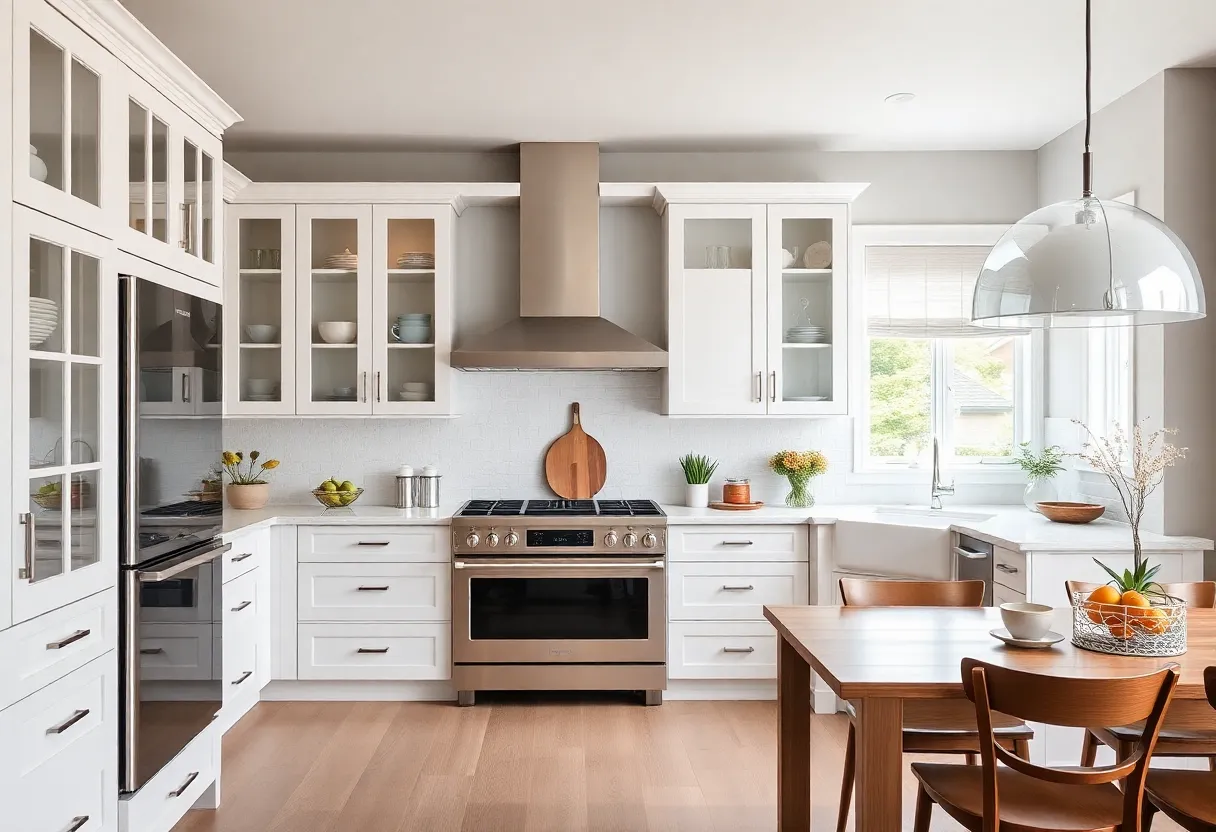 Renovated kitchen featuring Shaker cabinets and glass-front cabinetry