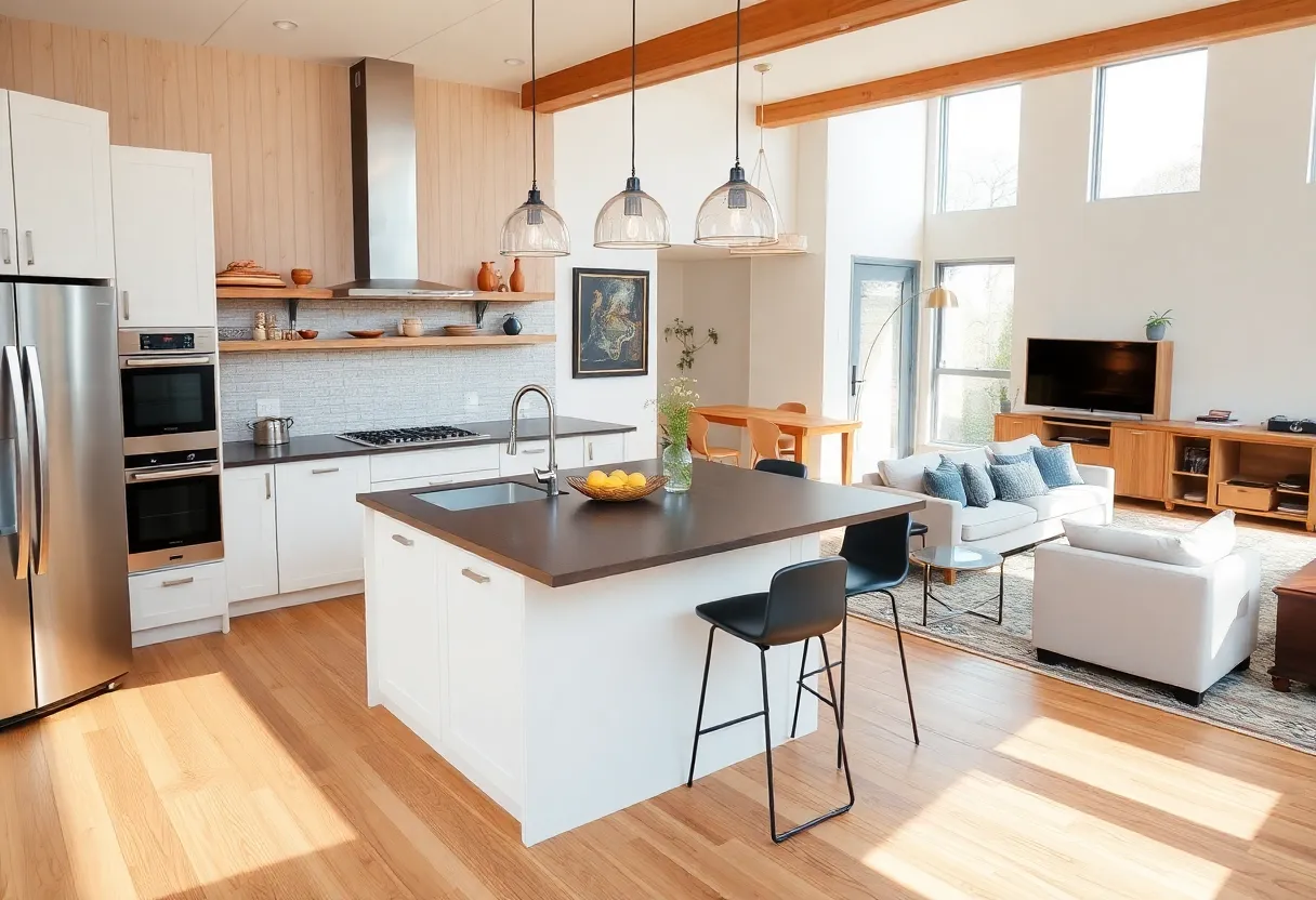 A modern open concept kitchen design showcasing an integrated living space.