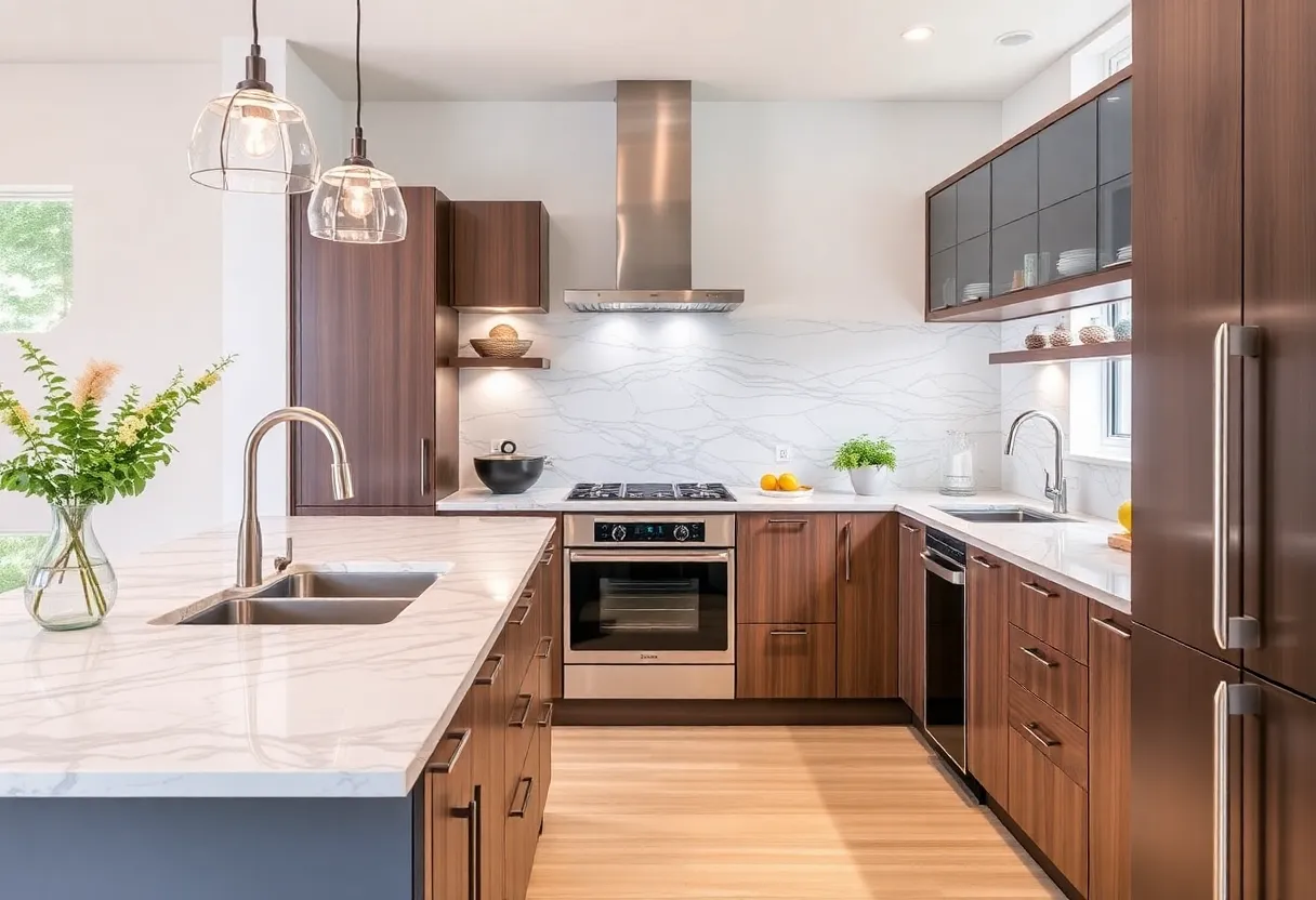 Various kitchen countertop materials displayed in a modern kitchen