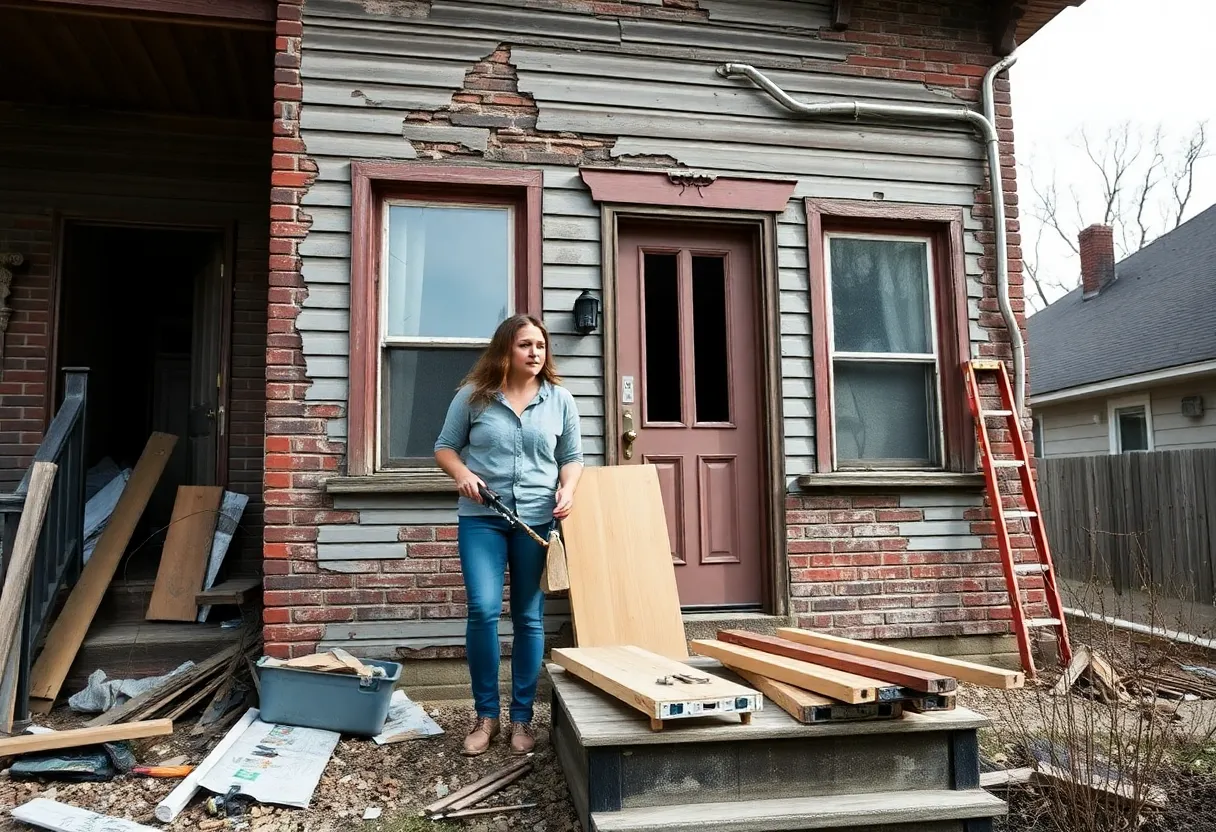 A father and daughter team working on a dilapidated house in Detroit.