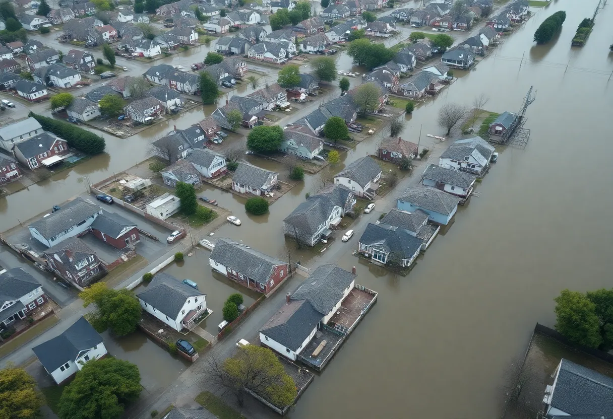 Aerial view of flooded streets in Detroit with rescue operations