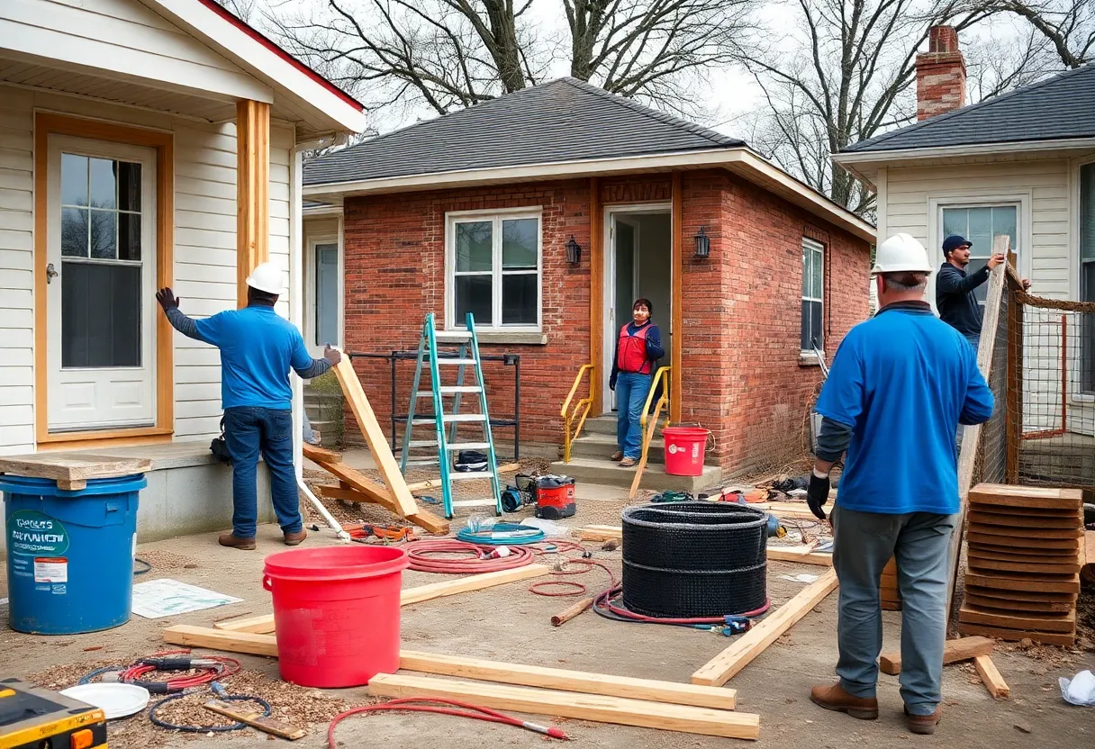 Construction workers repairing flood-damaged homes in Southwest Detroit