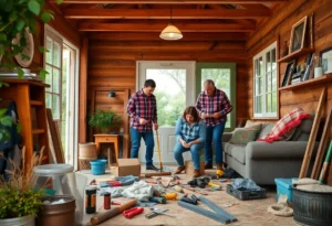 A family working together on a home improvement project