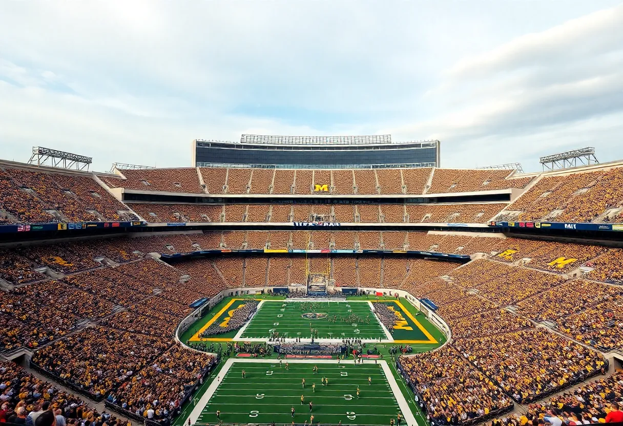 Aerial view of Michigan Stadium with fans during a game