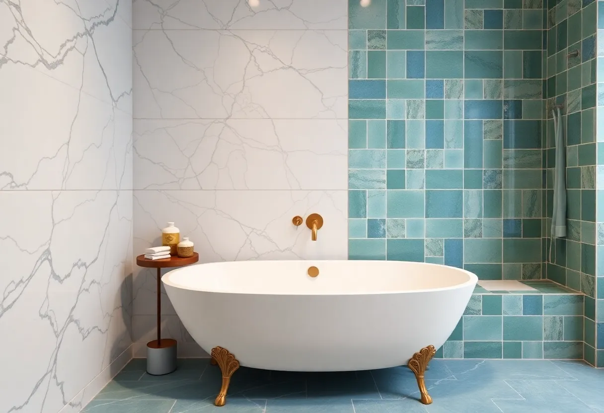 Modern bathroom with luxurious veined marble and colorful tiles