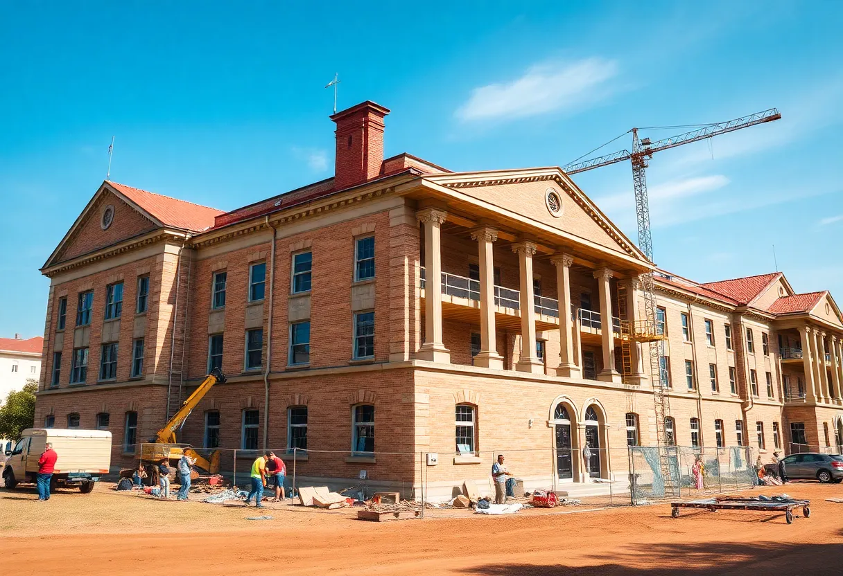 Construction workers renovating the abandoned Beecher High School