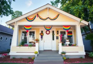 Colorful Pride decorations on a Craftsman home in Detroit