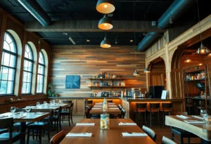 Interior of Haab's Barrel House showing renovated seating and decor