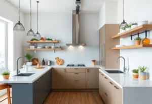 A modern kitchen featuring minimalist and industrial designs with smart technology.