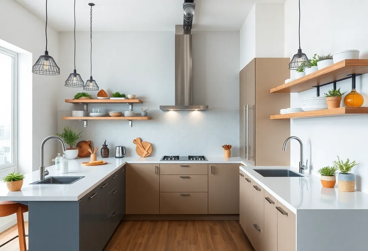 A modern kitchen featuring minimalist and industrial designs with smart technology.