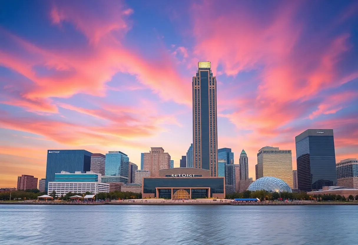 Panoramic view of the Renaissance Center in Detroit against a city skyline.