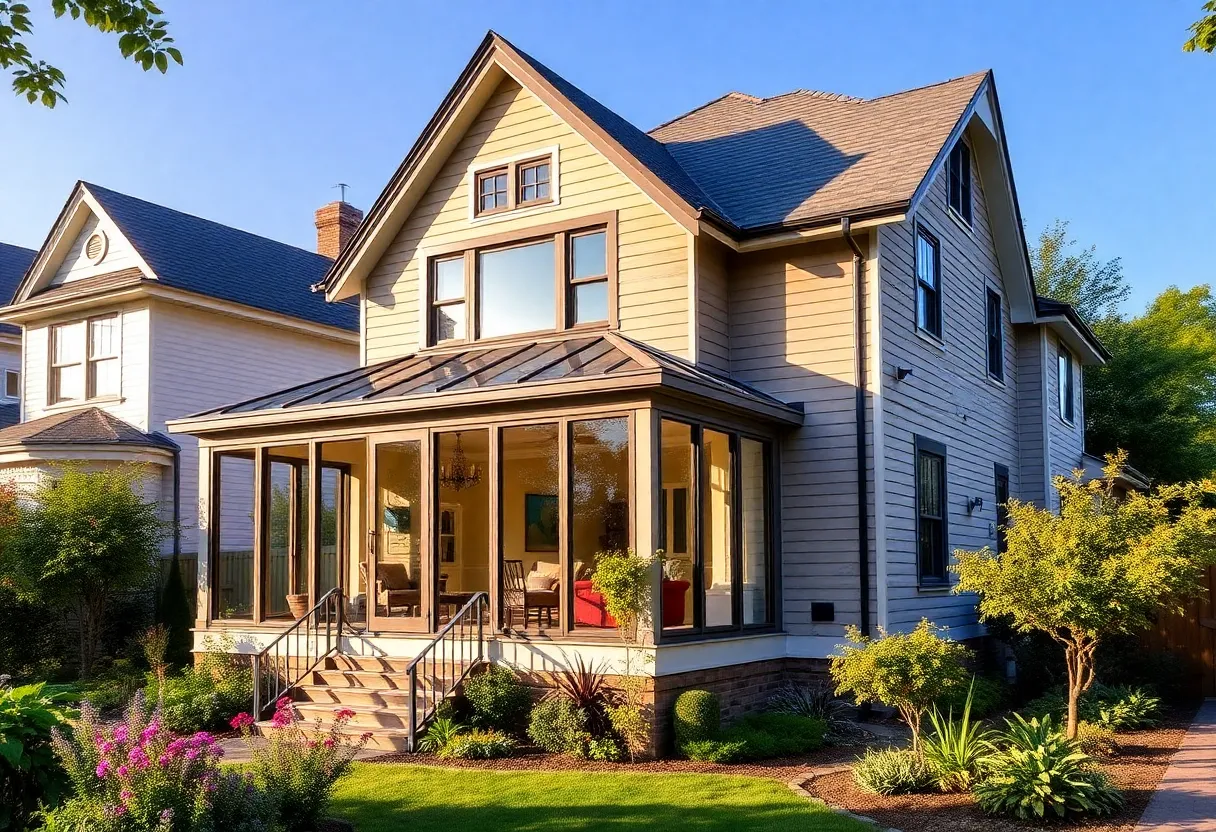 Exterior view of a fully renovated 1927 house with a sunroom and garden.