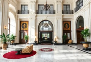 Luxurious renovated lobby of the Dearborn Inn with marble flooring and elegant design