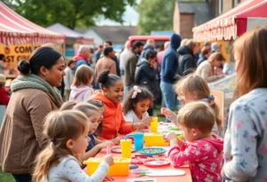 Families enjoying a community event with activities for children and food stalls.