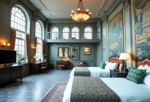 Interior view of the renovated Dearborn Inn lobby with marble flooring and elegant decor