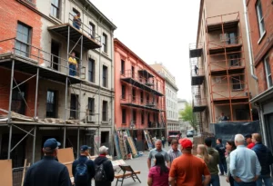 Urban renovation site in Detroit with construction workers and scaffolding.