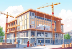 Construction of a modern school facility with cranes and workers.