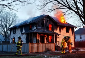 The aftermath of a house fire in Farmington Hills, showing damage and emergency responders