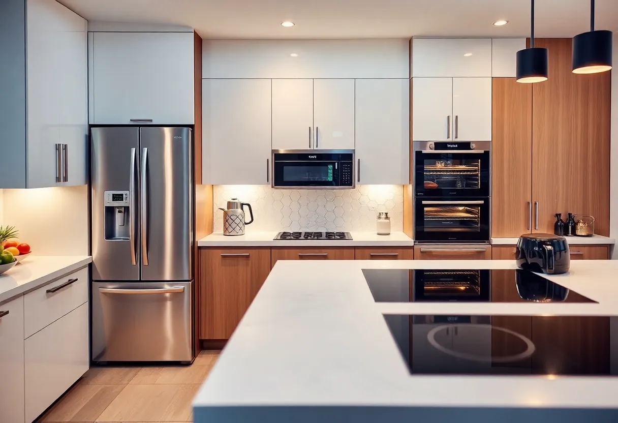 A collection of the latest kitchen appliances including a smart refrigerator, smart oven, and air fryer in a contemporary kitchen setting.