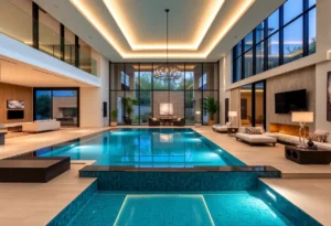 Interior view of a luxurious home with indoor pool and modern design.