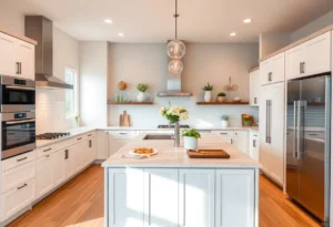 A remodeled modern kitchen featuring sleek cabinets and ample counter space