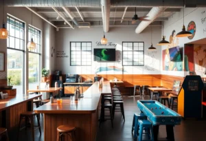 Interior of Monty’s Public House showcasing a welcoming atmosphere with murals and a bar area.