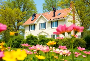 Workers performing roof checks on a house surrounded by blooming flowers in spring.