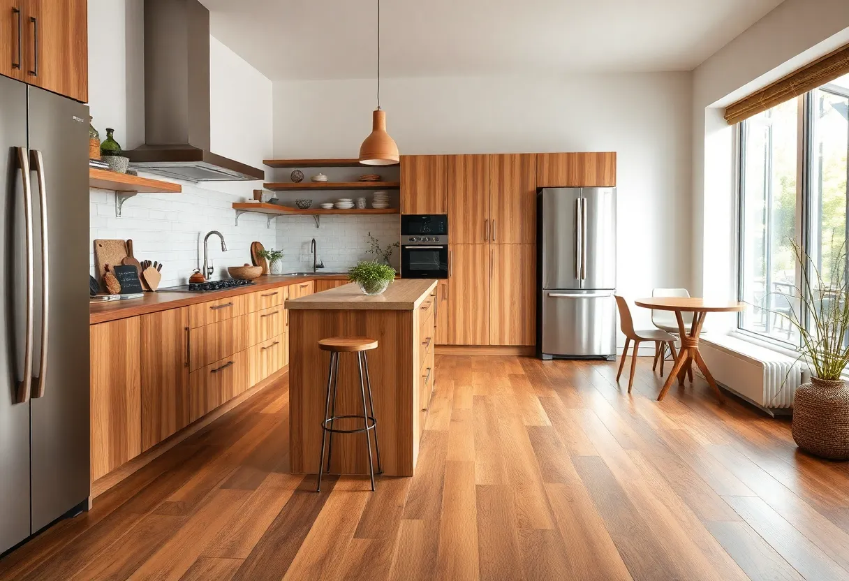 Various kitchen flooring options displayed in a modern kitchen.