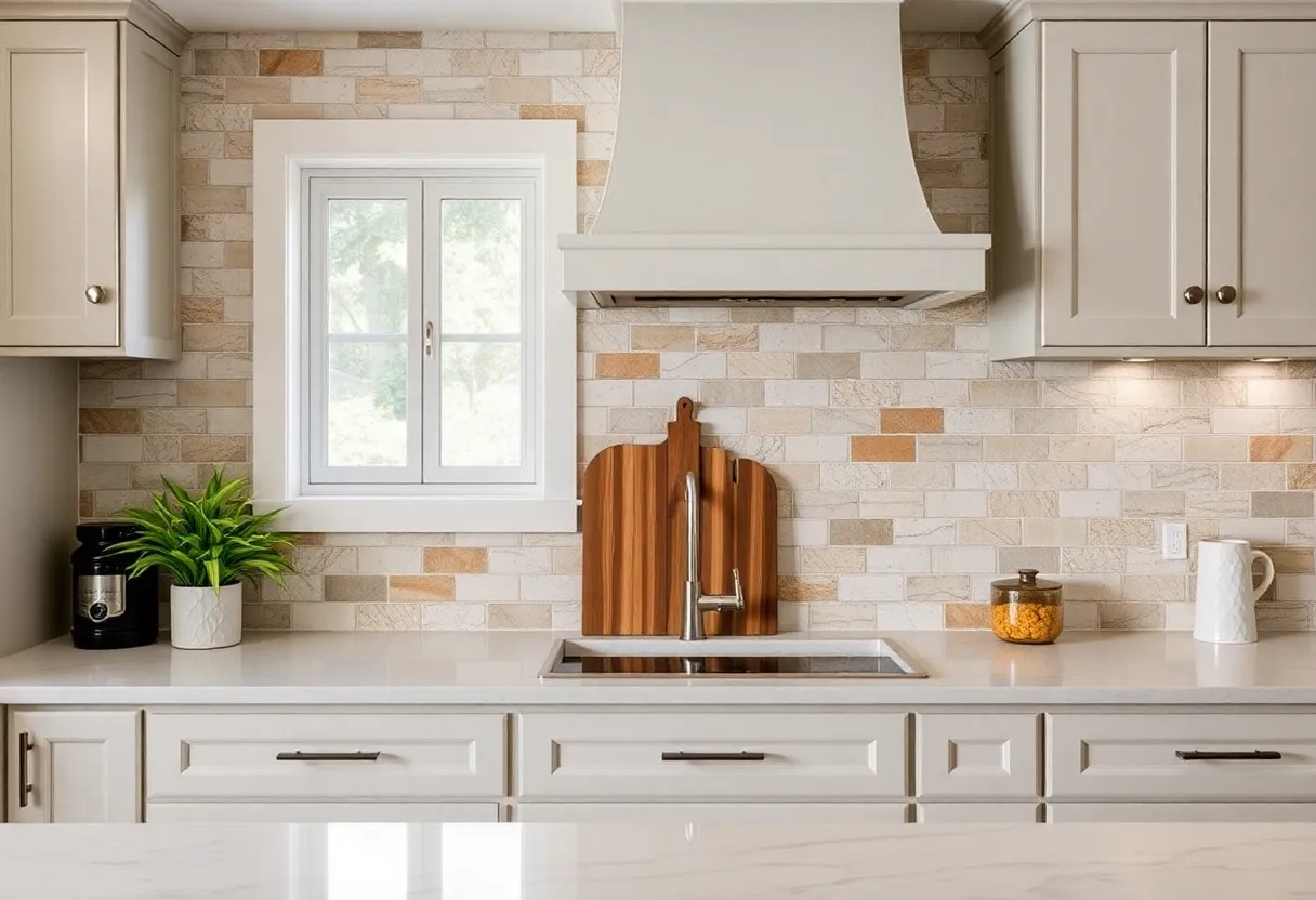 Various kitchen backsplash options displayed in a modern kitchen.