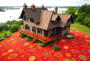 Carpet Castle in Jenison, Michigan with colorful carpets and riverfront view