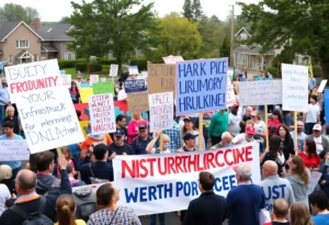 Rally of community members advocating for infrastructure improvements after dam failure.