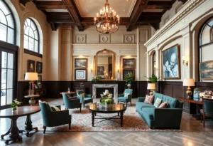 Interior design of the Detroit Foundation Hotel, blending modern and historical elements.