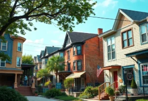 A scene of urban revitalization with homes being renovated and people engaging in community activities