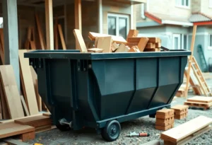 A modern dumpster placed in a backyard during a home renovation