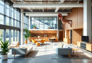 Modern office interior with mid-century furniture and dinosaur sculpture