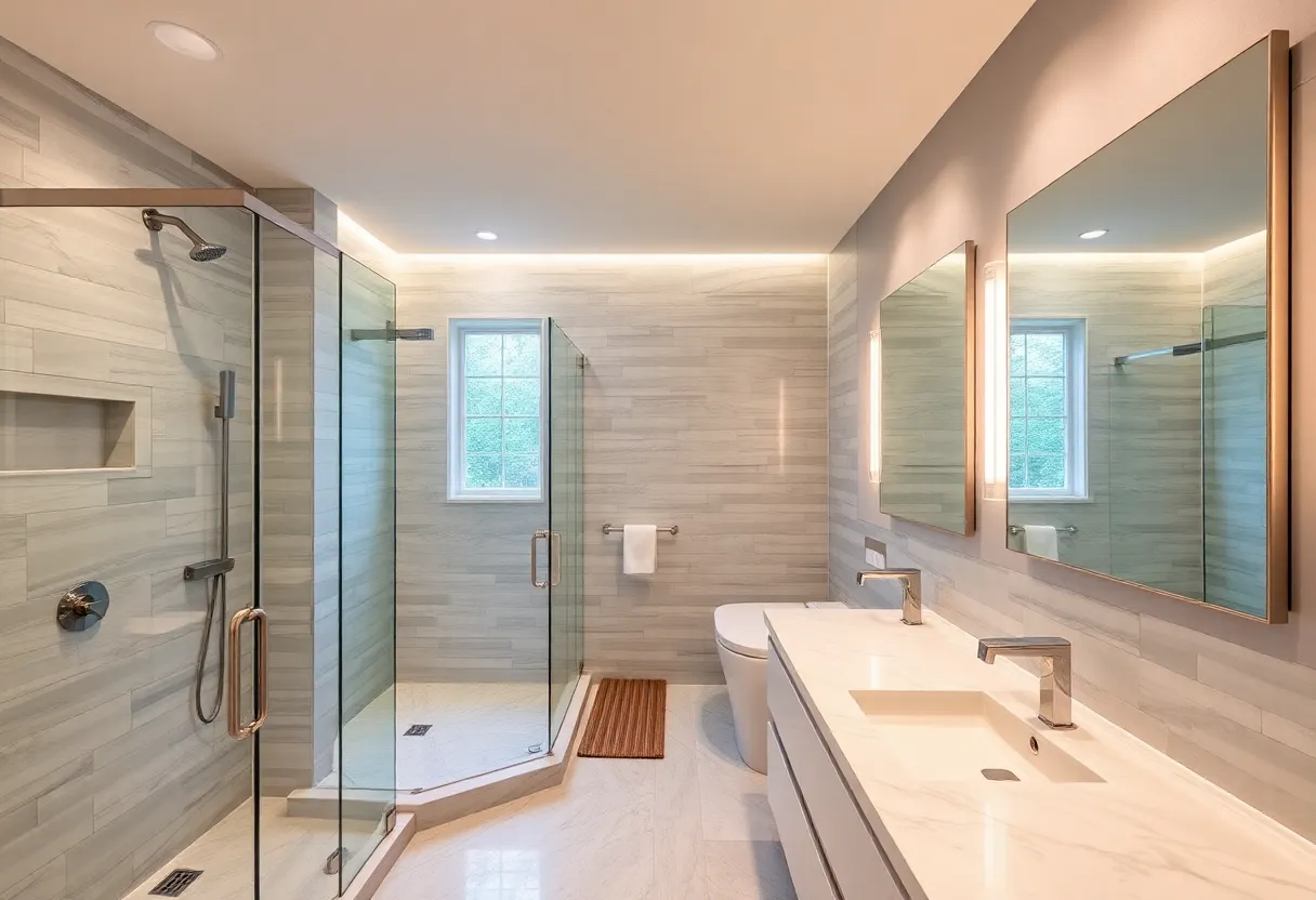 Stunning bathroom remodeling featuring custom tile work and modern fixtures