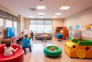 Children enjoying the newly renovated Game Day Experience Room in a hospital.
