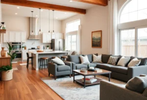 Interior view of a beautifully renovated kitchen and living room