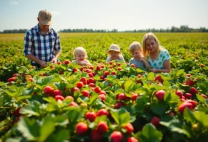 Families enjoying strawberry picking at a U-pick farm in Michigan