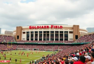 Crowd enjoying an event at Soldier Field, celebrating its centenary.