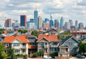 City skyline with home renovations and construction activity