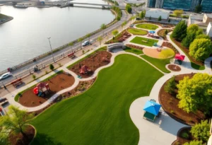 A.B. Ford Park after renovations showing playgrounds and riverfront