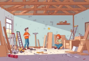 Chaotic home renovation scene with construction materials and unhappy homeowners.