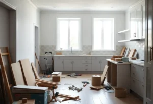 A modern kitchen under renovation with construction materials
