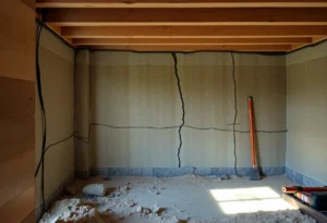Bowing basement wall with visible cracks and distortions